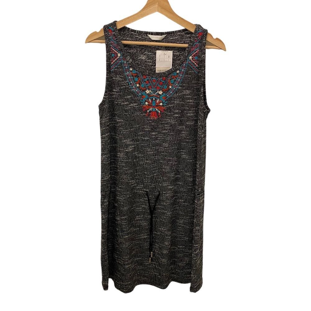 Promod Embroidered Boho Knit Shift Dress Gray Marled Drawstring Women's Large